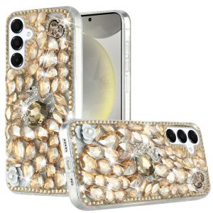 For Samsung s25/s24 Full Diamond with Ornaments Hard TPU Case Cover - Gold Swan Crown Pearl