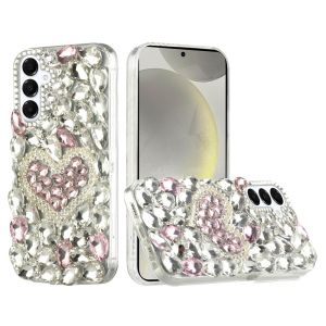 For Samsung s25/s24 Full Diamond with Ornaments Hard TPU Case Cover - Hearty Pink Pearl Heart
