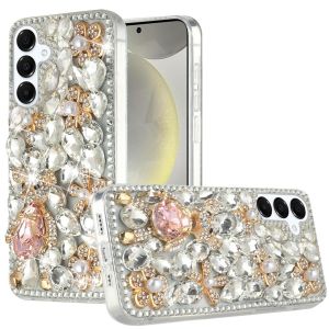 For Samsung s25/s24 Full Diamond with Ornaments Hard TPU Case Cover - Silver Panda Floral