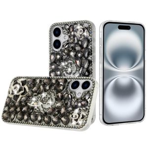 For iPhone 16 6.1 inch Floral Full Diamond Bling Case Cover - Smoke