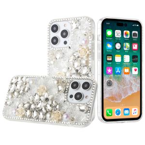 For Apple iPhone 14 PRO MAX 6.7" Rose Flower Full Diamond Bling Stones - Clear