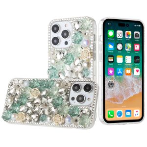 For iPhone 12 & iPhone 12 Pro Rose Flower Full Diamond Bling Stones - Green
