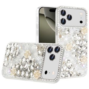 For iPhone 17 Pro Max Rose Flower Full Diamond Bling Stones - Clear