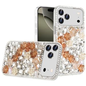 For iPhone 17 Pro Max Rose Flower Full Diamond Bling Stones - Gold