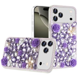 For iPhone 17 Pro Max Rose Flower Full Diamond Bling Stones - Purple