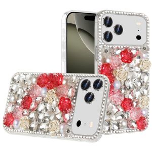 For iPhone 17 Pro Max Rose Flower Full Diamond Bling Stones - Red