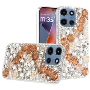 For Motorola Moto G 5G 2025 Rose Flower Full Diamond Bling Stones - Gold