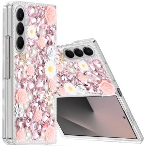 For Samsung Z Fold 7 Rose Flower Full Diamond Bling Stones - Pink