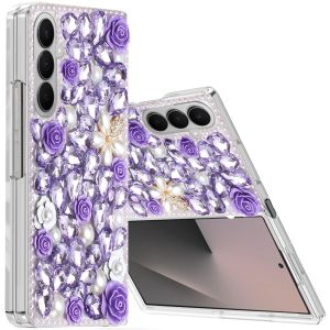 For Samsung Z Fold 7 Rose Flower Full Diamond Bling Stones - Purple