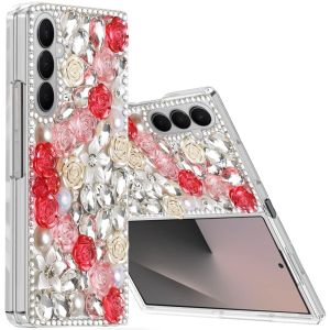 For Samsung Z Fold 7 Rose Flower Full Diamond Bling Stones - Red