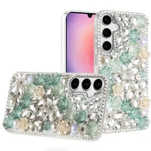 For Samsung Galaxy A26 Rose Flower Full Diamond Bling Stones - Green