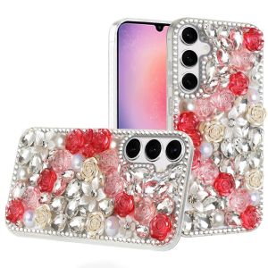 For Samsung Galaxy A26 Rose Flower Full Diamond Bling Stones - Red