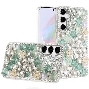 For Samsung Galaxy A36 Rose Flower Full Diamond Bling Stones - Green