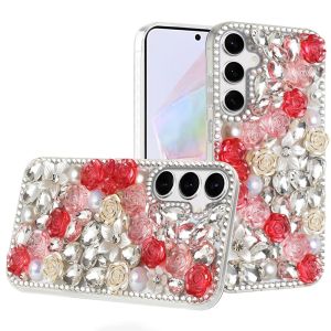 For Samsung Galaxy A36 Rose Flower Full Diamond Bling Stones - Red