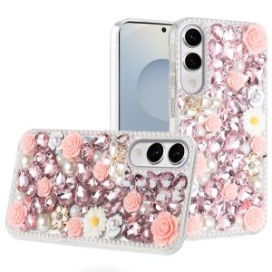For Samsung Galaxy s25 Edge Rose Flower Full Diamond Bling Stones - Pink