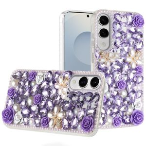 For Samsung Galaxy s25 Edge Rose Flower Full Diamond Bling Stones - Purple