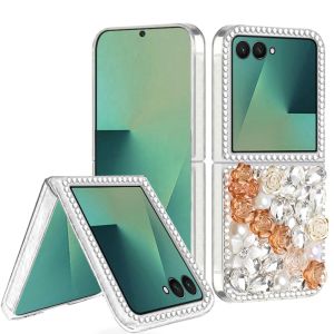 For Samsung Z Flip 7 Rose Flower Full Diamond Bling Stones - Gold