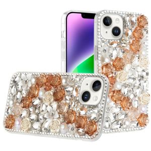 For iPhone 14 6.1" Rose Flower Full Diamond Bling Stones - Gold