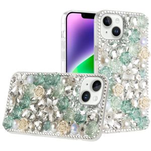 For iPhone 14 6.1" Rose Flower Full Diamond Bling Stones - Green