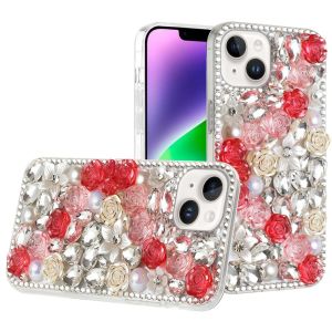 For iPhone 14 6.1" Rose Flower Full Diamond Bling Stones - Red