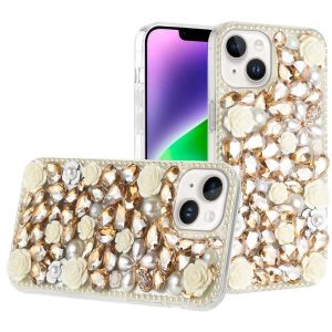 For iPhone 14 6.1" Rose Flower Full Diamond Bling Stones - Yellow