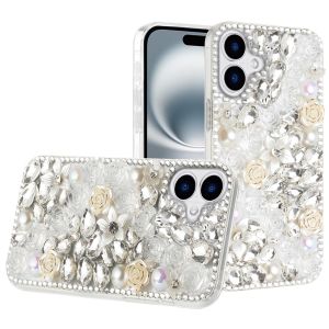 For iPhone 16 6.1 inch Rose Flower Full Diamond Bling Stones - Clear