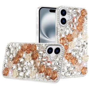 For iPhone 16 6.1 inch Rose Flower Full Diamond Bling Stones - Gold