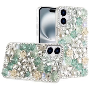 For iPhone 16 6.1 inch Rose Flower Full Diamond Bling Stones - Green