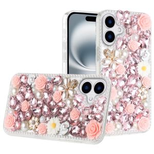 For iPhone 16 6.1 inch Rose Flower Full Diamond Bling Stones - Pink