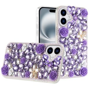 For iPhone 16 6.1 inch Rose Flower Full Diamond Bling Stones - Purple