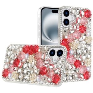 For iPhone 16 6.1 inch Rose Flower Full Diamond Bling Stones - Red