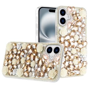 For iPhone 16 6.1 inch Rose Flower Full Diamond Bling Stones - Yellow