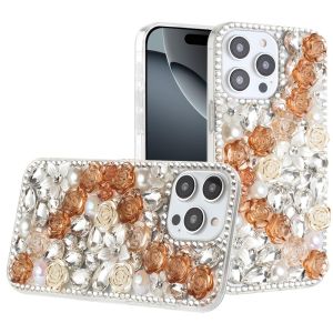 For iPhone 16 Pro 6.3 inch Rose Flower Full Diamond Bling Stones - Gold