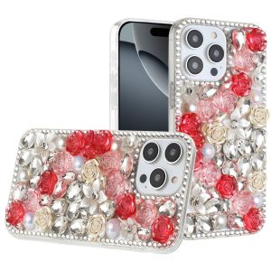 For iPhone 16 Pro 6.3 inch Rose Flower Full Diamond Bling Stones - Red