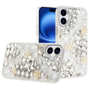 For iPhone 17 Rose Flower Full Diamond Bling Stones - Clear