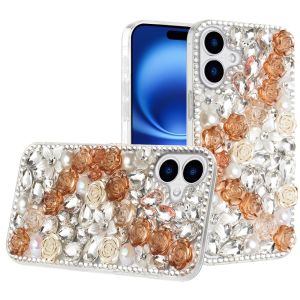 For iPhone 17 Rose Flower Full Diamond Bling Stones - Gold