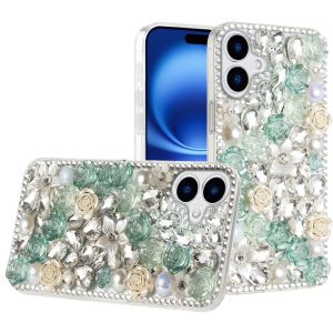 For iPhone 17 Rose Flower Full Diamond Bling Stones - Green