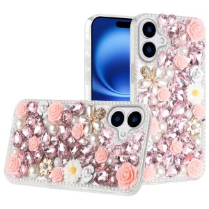 For iPhone 17 Rose Flower Full Diamond Bling Stones - Pink
