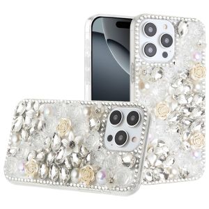 For iPhone 16 Pro Max 6.9 inch Rose Flower Full Diamond Bling Stones - Clear