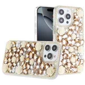 For iPhone 16 Pro Max 6.9 inch Rose Flower Full Diamond Bling Stones - Yellow