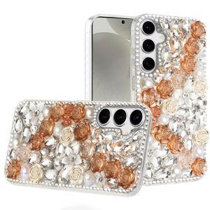 For Samsung s25 Plus/s24 Plus Rose Flower Full Diamond Bling Stones - Gold