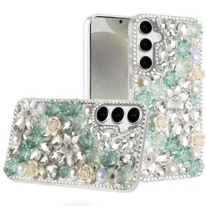 For Samsung s25 Plus/s24 Plus Rose Flower Full Diamond Bling Stones - Green