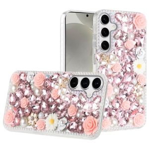 For Samsung s25 Plus/s24 Plus Rose Flower Full Diamond Bling Stones - Pink