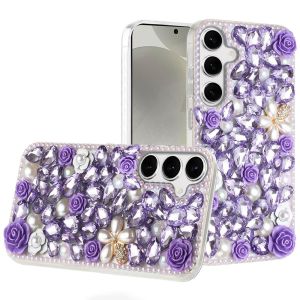 For Samsung s25 Plus/s24 Plus Rose Flower Full Diamond Bling Stones - Purple