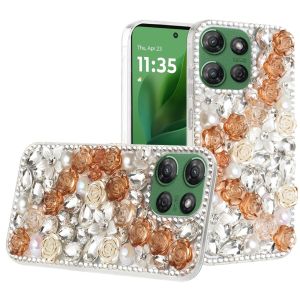 For Motorola Moto G Power 5G 2025 Rose Flower Full Diamond Bling Stones - Gold