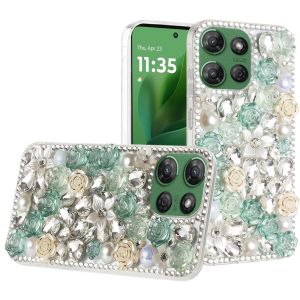 For Motorola Moto G Power 5G 2025 Rose Flower Full Diamond Bling Stones - Green