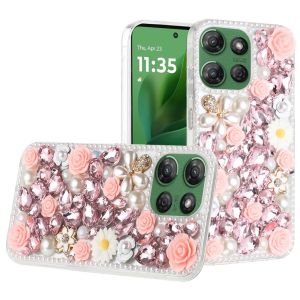 For Motorola Moto G Power 5G 2025 Rose Flower Full Diamond Bling Stones - Pink