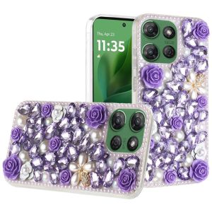 For Motorola Moto G Power 5G 2025 Rose Flower Full Diamond Bling Stones - Purple
