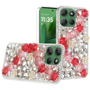 For Motorola Moto G Power 5G 2025 Rose Flower Full Diamond Bling Stones - Red