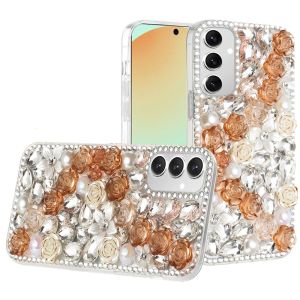 For Samsung S24 FE Rose Flower Full Diamond Bling Stones - Gold